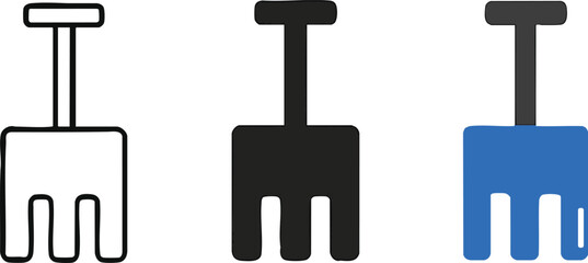 Three beach rakes outline solid black blue sand toy vector