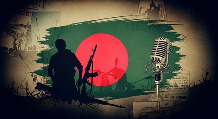 Powerful Bangladesh independence day art featuring soldiers, flag, vintage microphone and barbed wire, evoking patriotism and historical significance