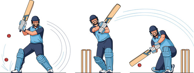 Cricket batting technique illustration—vector of three action poses with helmet, gloves, pads, and blue uniform