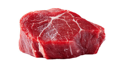 Obraz premium Close-up of a fresh red beef steak with marbling on a white background.