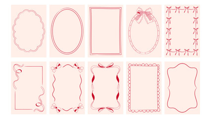 Outline frames in coquette style, bow and ribbon contours, doodle edging for invitation and postcard designs