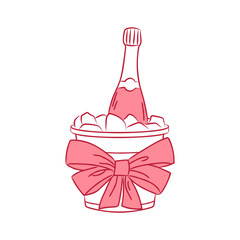 Champagne bottle with ice. Cooler bucket decorated with pink ribbon. Coquette design element