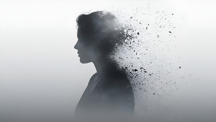 Silhouette of a woman transforming with particles, symbolizing memory loss, mental health challenges, or innovative tech breakthroughs in neuroscience research