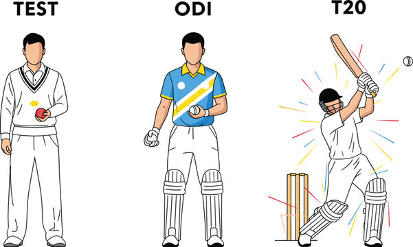 Cricket format trio illustration&mdash;vector of Test, ODI, and T20 players with ball, bat, stumps, and motion