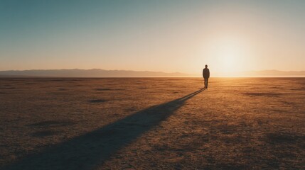 Long shot, a solitary figure seen from behind walking toward the infinite horizon, their shadow stretching powerfully across the ground, minimalist open landscape at golden hour