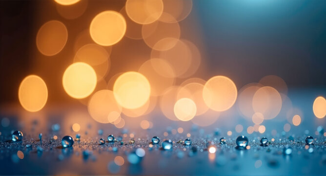 Shimmering Water Droplets on a Glittering surface with soft blue and teal tones, featuring warm golden bokeh lights for an elegant holiday background