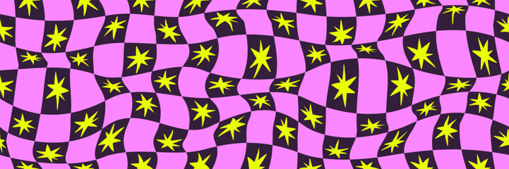 Y2K wave psychedelic acid background with stars. Surreal geometric shapes, abstract checkered patterns. Vector backgrounds in the trendy style of 90s.