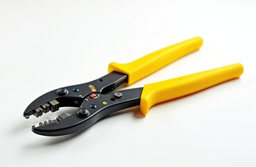 Obraz premium Crimping tool on white backdrop. Black metal tool with yellow handle. Instrument for electrical work. Concept of electrician job. Close up view of engineering equipment.