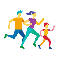 Family running together in colorful athletic wear