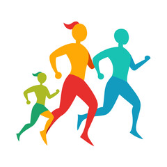 Diverse group running together in bright colors