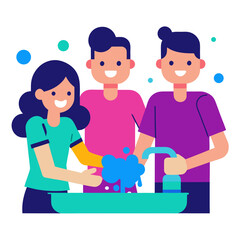 Family washing hands together for hygiene