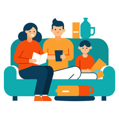 Family relaxing together on a couch reading and drinking