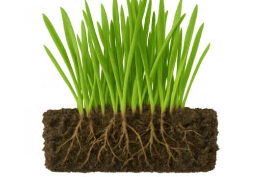 Green grass growing in rich soil showing root system cross-section, illustrating growth and nature on transparent background - Powered by Adobe
