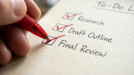 Extreme close-up of a hand checking off the final item on a productive to-do list