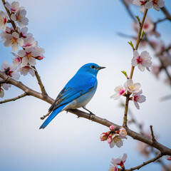 Fototapeta premium Mountain Bluebird Perched on a Blossoming Almond Tree Branch