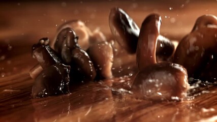 Pickled milk mushrooms fall on a cutting board. Filmed on a high-speed camera at 1000 fps. High quality FullHD footage