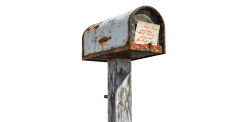 Rusty Mailbox with Handwritten Note isolated on a transparent background