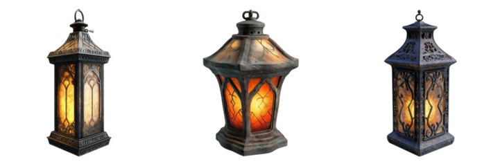 Three ornate lanterns with glowing interiors isolated on a transparent background 1