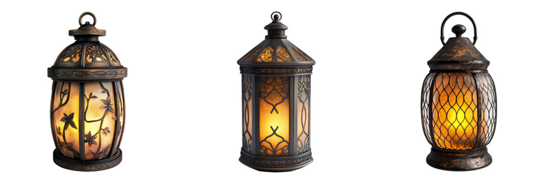 Three ornate lanterns with glowing interiors isolated on a transparent background