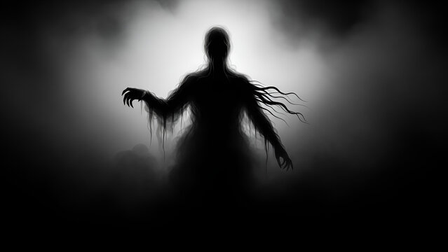 Eerie silhouette emerges from the fog, a shadowy figure for your horror and Halloween projects, creating suspense and chilling thrills with dark fantasy elements - Powered by Adobe