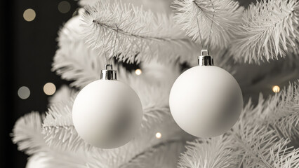 Minimalist black and white Christmas background featuring snowy fir twigs and matching ball pendants with defocused gold lights in distance for contemporary holiday marketing advertisement design