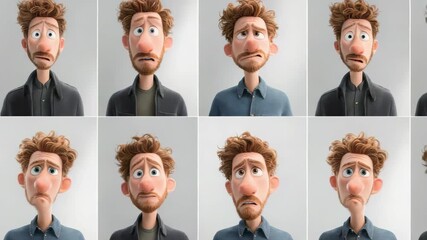 Grid nine panels features stylized animated male character with expressive eyes, tousled hair, each showing different confused or anxious moods. Modern digital art style emphasizes emotion - Powered by Adobe