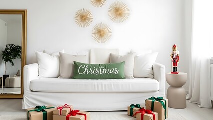 Elegant christmas living room with white couch and festive decorations