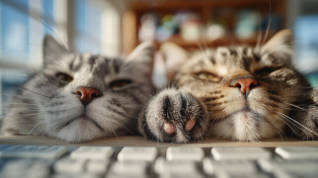 Two adorable cats rest their heads on a desk by a keyboard, showcasing their cute noses and vibrant fur in a cozy, sunlit environment.