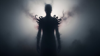 Eerie figure shrouded in mist with dramatic shadows, perfect for fantasy, horror, or mystery book covers and captivating dark art projects