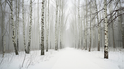 Obraz premium A peaceful winter scene shows tall white birch trees on both sides of a snow-covered path. Thick fog envelops the area, creating a calm and quiet atmosphere in the forest