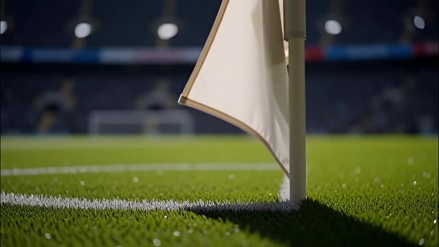 A close-up shot of a corner flag on a football field. The flag stands tall on a lush green grass pitch, with stadium lights creating a soft glow in the background