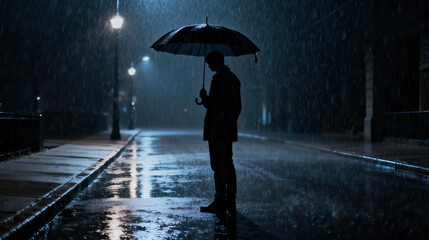 A solitary figure stands holding an umbrella in a heavy rainstorm. The dark city street is illuminated by streetlights reflecting on wet surfaces, creating a moody atmosphere at night