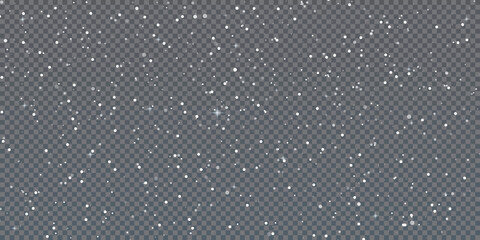 Realistic snow fallen on transparent background. Abstract dust particles, white confetti png bg. Festive wallpaper element for christmas poster, flyer, new year card, realistic vector snow powder.