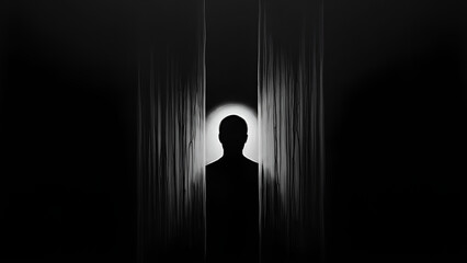 Mysterious silhouette standing before parted curtains, bathed in enigmatic light, evoking suspense and intrigue for film, theater, and creative projects