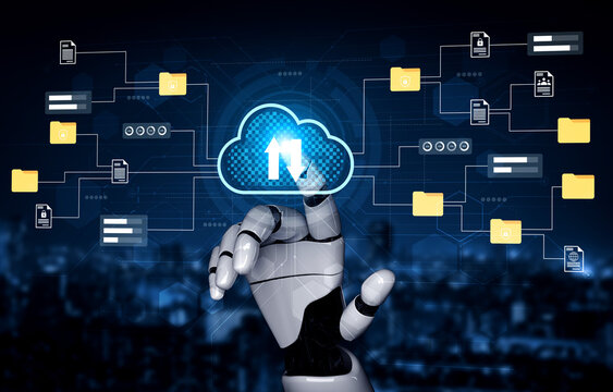 A futuristic robotic hand interacts with a digital cloud interface, symbolizing advancements in technology and data management in a modern environment. Gantry - Powered by Adobe