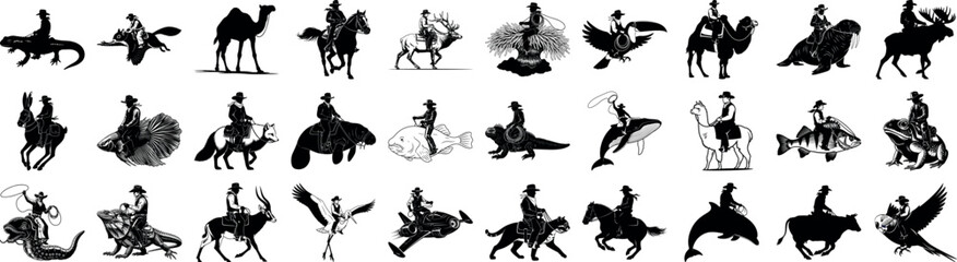 Obraz premium Silhouette illustrations of cowboys riding various animals