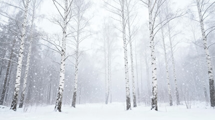 Obraz premium Snow blankets the ground as white birch trees stand tall in a serene winter forest. Flurries dance in the air, creating a peaceful and quiet atmosphere in the cold season