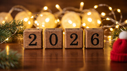 Year of 2026 write on wooden blocks with glowing bokeh background. Happy New Year 2026, New Year resolution concept