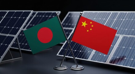 Bangladesh and China partner in solar energy, flags waving proudly before sleek solar panels, a symbol of clean technology and international collaboration