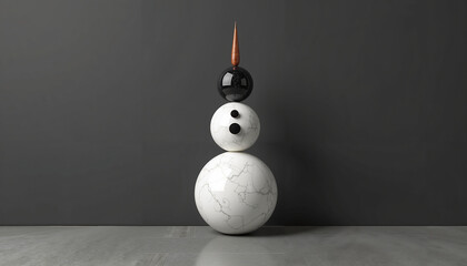 Abstract snowman sculpture with black and orange decorations  