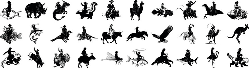 Obraz premium Silhouette illustrations of cowboys riding various animals