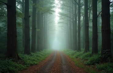 Fototapeta premium Path leads through misty forest with tall trees on both sides. Sunlight filters through fog creating an ethereal atmosphere. Greenery covers forest floor and path.