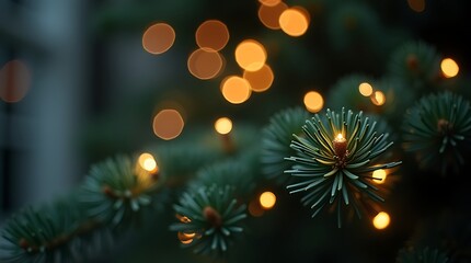Soft bokeh lights on a dark evergreen branch during evening