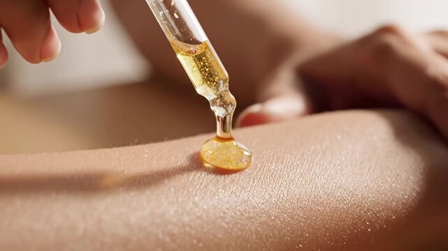Close-up of a hand applying a golden serum with a dropper onto smooth skin, highlighting skincare routine