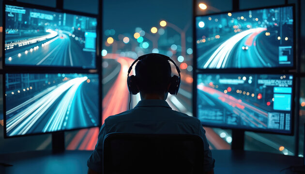 Man wearing headphones watches multiple screens displaying traffic data and city lights. He monitors transportation networks with glowing light trails of vehicles at night.