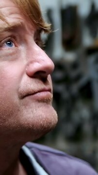 Vertical video: Clip starting man gazing skyward while inhaling lit cigarette in alley, copy space