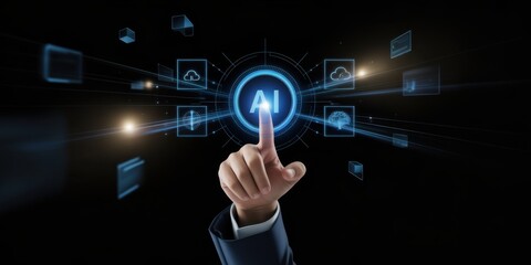 Digital Touch: A finger points towards a digital AI interface, surrounded by an array of virtual icons, symbolizing innovation and technological advancement.