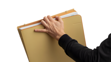 A person holding a large manila folder with documents inside it