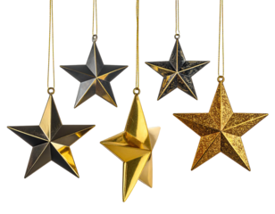 Five decorative metallic stars of varying shades hanging with fine golden string