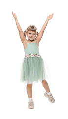 Cute little girl in headband and dress posing on white background